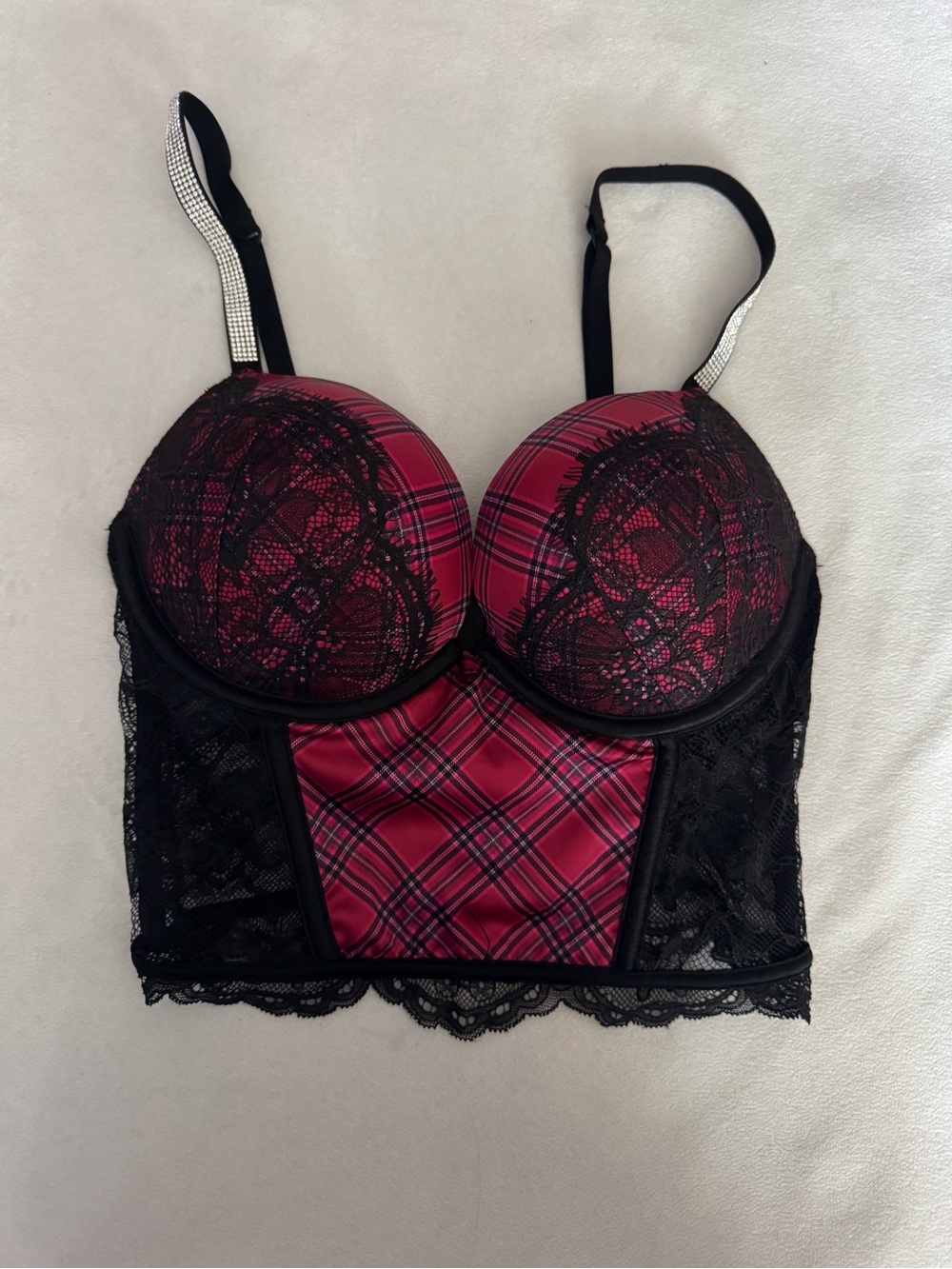 Victoria's Secret Red Plaid Longline Bustier with Black Lace size  32c/c70